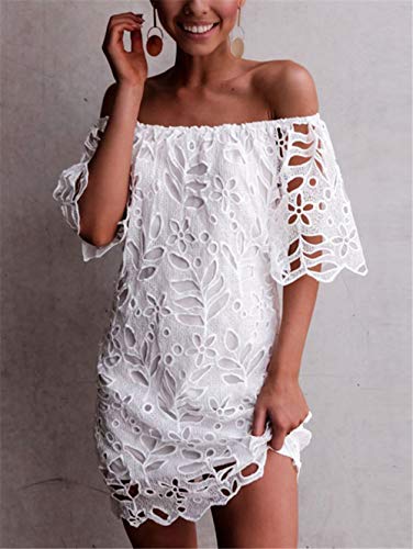 PRETTYGARDEN Women's Summer Off Shoulder Dresses Floral Lace Flare Short Sleeve Spring Vintage Elegant Mini Dress