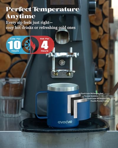 avodvo 12oz Insulated Coffee Mug with Lid – Includes Two Lids, Stainless Steel Coffee Travel Mug with Handle, Double Wall ...