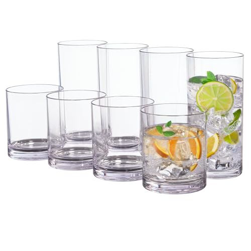 US Acrylic Classic Clear Plastic Reusable Drinking Glasses (Set of 8) 12oz Rocks & 16oz Water Cups | BPA-Free Tumblers, Ma...
