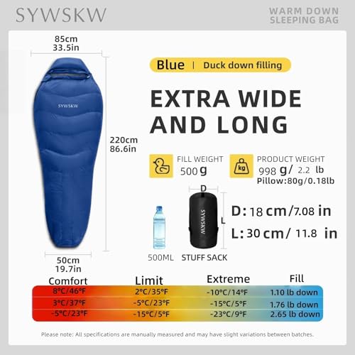 SYWSKW Down Sleeping Bag with Pillow for Backpacking,15℉ 5℉ 0℉ Wide Down Sleeping Bag (86.6 in x 33.5 in) for Adults,Youth...