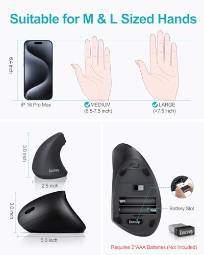 Lekvey Left Handed Ergonomic Mouse, Vertical Wireless Mouse for Left Hand, 2.4G USB Carpal Tunnel Lefty Mouse, 3 Adjustabl...