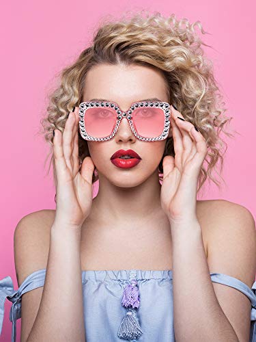 Frienda 6 Pairs Rhinestone Oversized Square Sunglasses 70s Women Dazzled Sunglasses for Disco Party Concert Photo Props