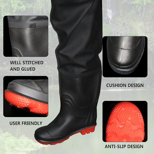 Aosethefrt Fishing Chest Waders and Waist Wader Pants for Men, Waterproof PVC Lightweight Bootfoot Black Insulated Wading