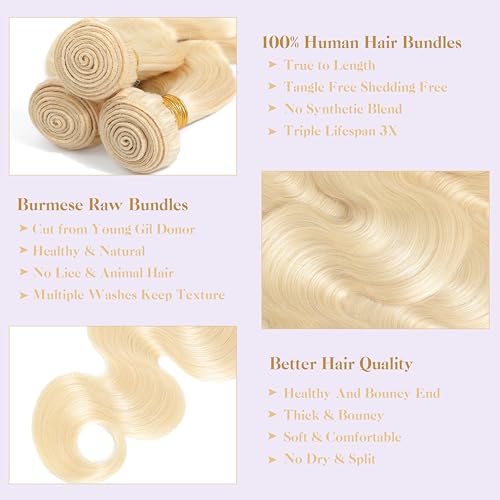 Blonde Body Wave Bundles Human Hair 30 Inch 15A 613 Blonde Bundles Human Hair,Sew In Quick Weave Body Wave Bundles 100% Real Human Hair Extensions Tangle Free Shedding Free Triple Lifespan 3X