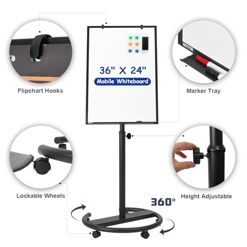 Mobile Whiteboard, 36” x 24” Magnetic Portable White Board on Wheels, Height Adjustable Standing Dry Erase Board with Stan...