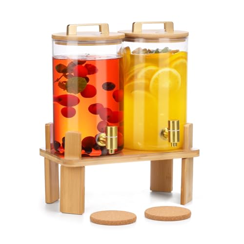 1 Gallon 2 PCS Glass Beverage Dispenser, Drink Dispensers for Parties, Lemonade Dispenser with Airtight Valve and Stainles...