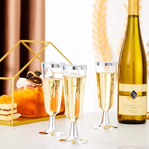 N9R 24pcs Plastic Champagne Flutes with Silver Rim, Clear Disposable Champagne Glasses 5 Oz, Perfect for Wedding and Party...