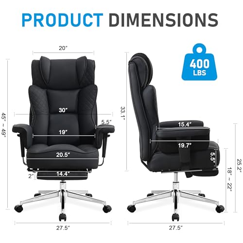 OwgeinSet Big and Tall Office Chair, Ergonomic Leather Reclining Chair with Footrest, High-Back Comfy Executive Computer D...