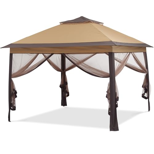 GDY 11x11 Pop Up Canopy Tent, Outdoor Canopy with Netting, Outdoor Gazebo for Backyard, Tent with Wheeled Cover Bag, Brown.