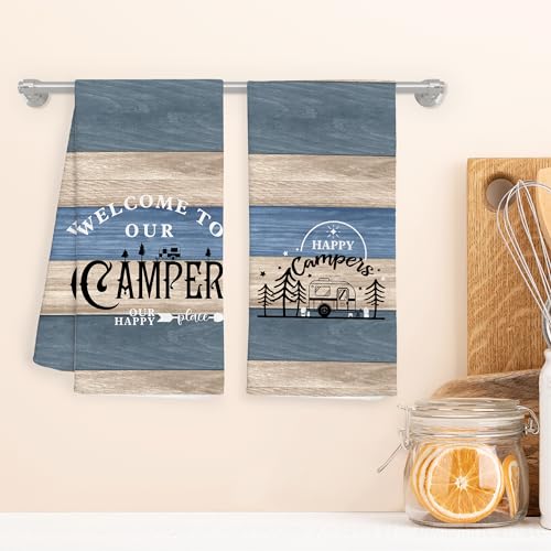 WFSM Happy Camper Kitchen Towels Set of 2, Camping Decor, Dish Towels, Hand Towels, RV Decor, Gifts, 16x24 Inches
