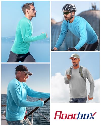 Roadbox UPF 50+ Mens Swim Shirts, Long Sleeve Sun Protection Fishing Rash Guard, Quick Dry UV Hiking Shirt with Thumbhole