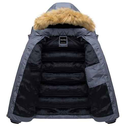 Pursky Men's Puffer Jacket Waterproof Winter Bubble Coats Ski Parka Fur Hooded