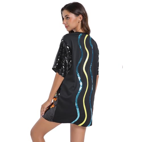 Sequins T-Shirts Glitter Dress O Neck Printed Mini Dress Loose Casual Nightclub Party Tops for Women