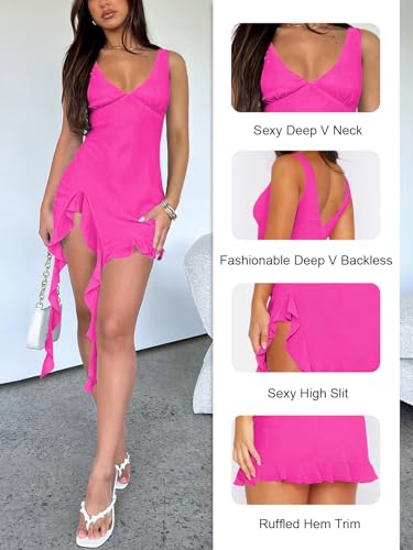 MIYIEONZ Women Sleeveless Sexy V Neck Bodycon Mini Dress Summer Side Slit Mesh Irregular Ruffle Hem Backless Short Dress