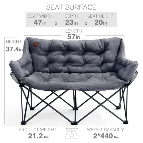 EVER ADVANCED Extra Large Double Camping Chair for Adults, Family Size Padded Folding Camping Love Seat Bench with Side Po...