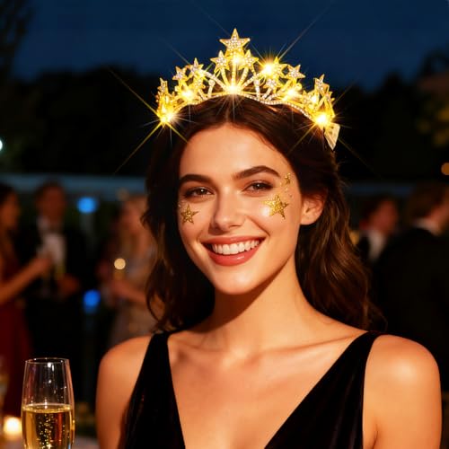 Urieo Light up Star Crown LED Crystal Tiara Headband Birthday Prom Hair Accessories for Women
