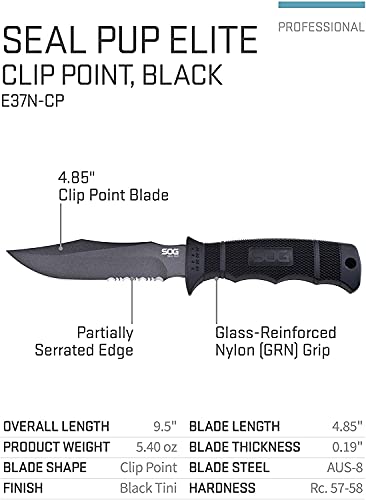 SOG Fixed Blade Knives with Sheath - SEAL Pup Tactical Knife, Survival Knife and Hunting Knife w/ 4.75 Inch Blade and Knif...