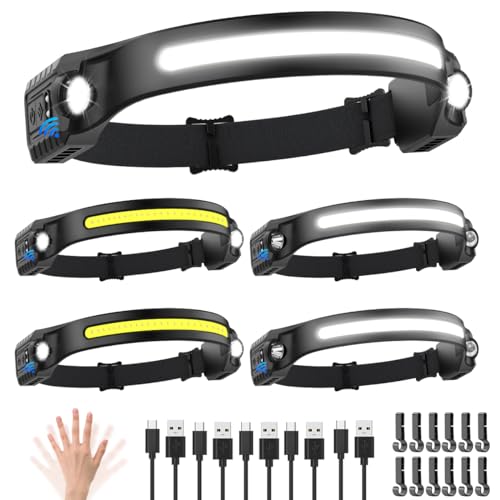 Headlamp Rechargeable 5Pack, 230° Wide Beam Head Lamp with 2 Spotlights, LED Headlamp with Motion Sensor, 5Mode Rechargeab...
