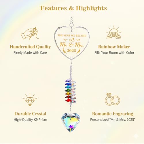 Wedding Gifts, Mr and Mrs Heart Crystal Suncatcher Ornament, Wedding Gift for Couples 2025, Bridal Shower Gifts, Newlyweds Gift Ideas, First Christmas Married Keepsake Anniversary Ornament Decor