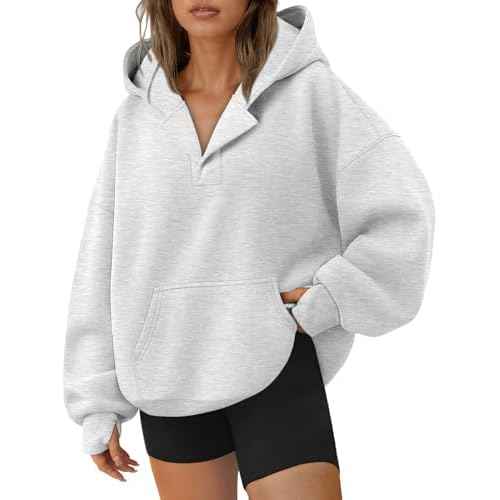 Trendy Queen Womens Oversized V Neck Hoodies with Thumb Hole Pullover Sweatshirts Y2k Clothes Fall Fashion Outfits 2025
