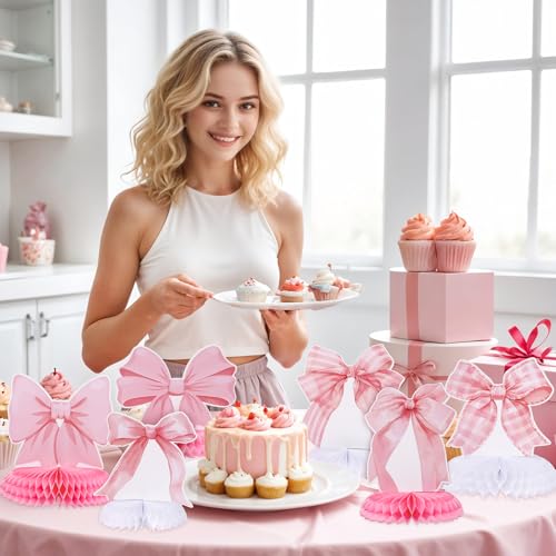 12 Pcs Pink Bow Party Honeycomb Centerpieces Pink Bow Table Centerpieces Coquette Theme Birthday Decorations Bow Party Dec...