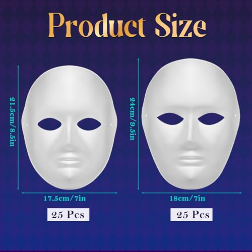 50 Pcs DIY Full Face Masks Bulk, Blank White Paintable Paper Mache Mask, 2 Sizes Paintable White Plain Mask, Craft Masks B...