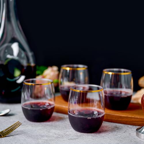 FOCUSLINE 32 Pack 12 OZ Plastic Wine Glasses, Stemless Disposable Wine Cups, Gold Rim Unbreakable Wine Glasses, Reusable S...