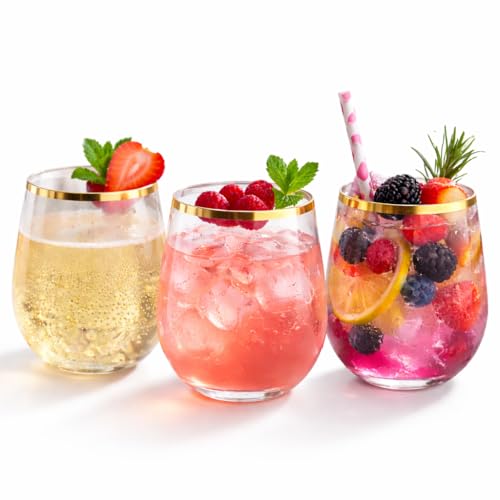 Oojami 36 piece Disposable Stemless Unbreakable Crystal Clear Plastic Wine Glasses Set of 36 (12 Ounce, Gold Rim)