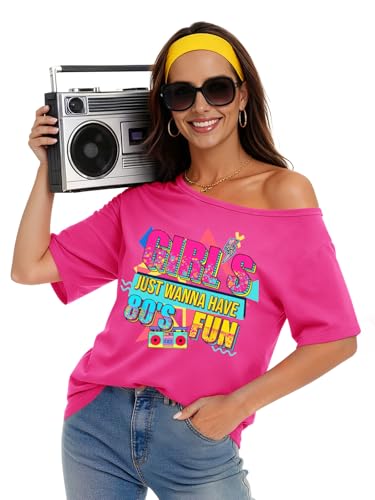 OCURHU 80s Shirts for Women Oversized Retro Off The Shoulder Top Disco 80s 90s Theme Party Outfit