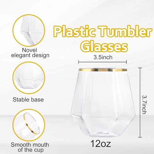 LUODA Gold Diamond Shaped Plastic Stemless Wine Glasses Set of 24, Disposable 12 Oz Gold Plastic Whiskey Glasses for Birth...