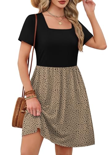 OFEEFAN Womens Summer Dresses 2025 Short Sleeve Square Neck Casual Sundresses with Pockets A-Line Color Block