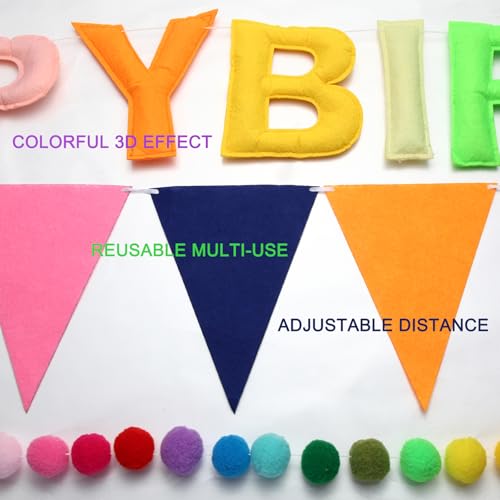 Pre-Strung Happy Birthday Banner, Felt Ball Garland HAPPY BIRTHDAY Garland, Rainbow Decorations Decor Party Pennant, Multi...