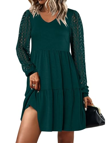 ANRABESS Dresses for Women Casual Lace Long Sleeve V Neck Tiered Swing Flowy Loose A-line Mini Short 2025 Fall Vacation Dress