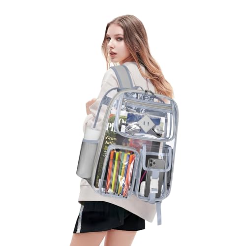 Clear Backpack Heavy Duty Large PVC Transparent See Through Backpacks Work Travel Stadium Approved Festival Backpack (Grey)