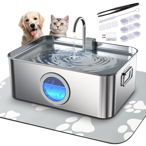 12L/3.2Gal Dog Water Fountain Stainless Steel with Silicone Mat & 3 Set Filters, DYSJ01 Dog Fountain Water Bowl for Large ...