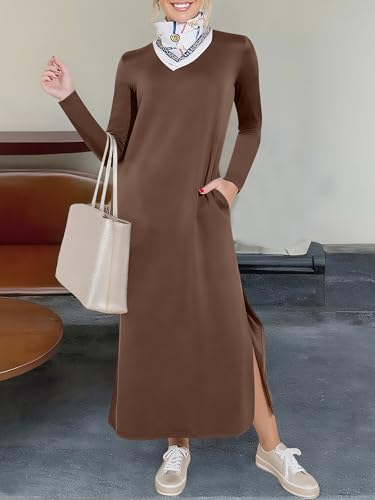 ANRABESS Women Long Sleeve Dresses 2025 Fall Casual Crewneck Loose Fit Split Flowy Wrinkle-Free Travel Vacation Maxi Dress