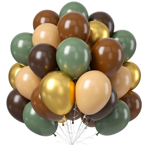 60 PCS Sage Green, Gold, Brown Latex Balloons - Woodland Camo Army Olive Green, Dark Brown, Coffee Nude Gold Party Balloon...