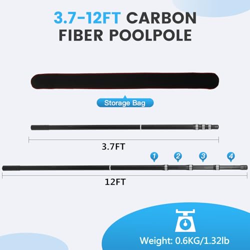 JSPJSP Carbon Fiber Pool Rod - Professional 4-12 Foot Telescopic 4-Piece Pool Cleaning Rod Set, Adjustable Telescopic Rod ...