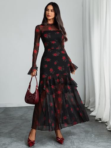GothDark Womens Floral Maxi Dress Sheer Mesh Bell Sleeve Tiered Ruffle Gothic Romantic Casual Long Dresses