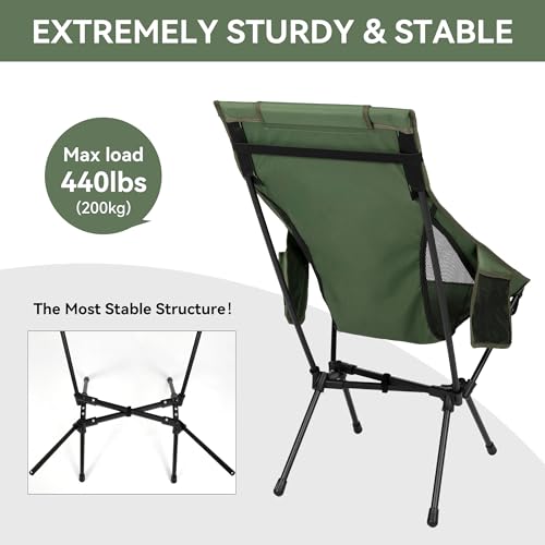 TOBTOS Portable High Back Camping Chair, Support Heavy Duty 440 lbs, Compact Folding Chair with Detachable Pillow for Cam...