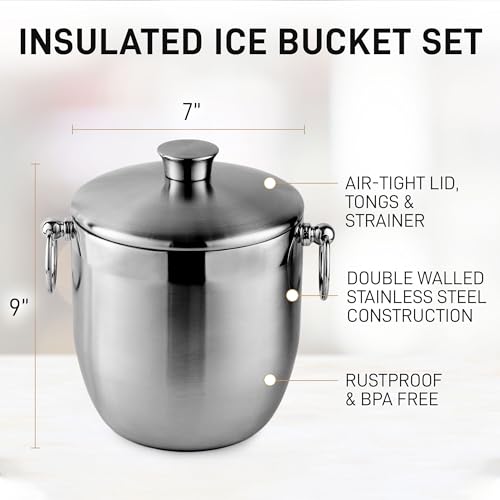 Zulay Kitchen Premium Stainless Steel Double-Wall Insulated Ice Bucket Kit – 3L, Leak-Proof, Stylish Drink Cooler for Part...
