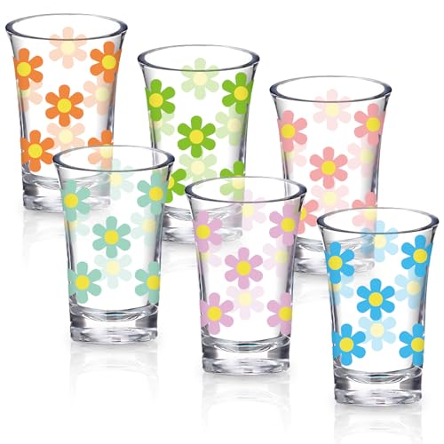 Whaline 6Pcs Daisy Shot Glasses 6 Colors Daisy Flower Drinking Glasses 1.7oz Colorful Small Glass Shot Cups for Party Bar ...