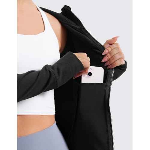 CRZ YOGA Womens Fleece Full Zip Hoodie Jackets Workout Hooded Zipper Basic Casual Sweatshirts with Thumb Holes
