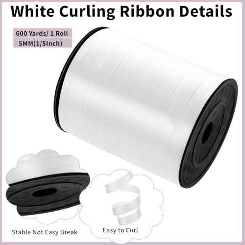 600 Yards White Curling Ribbon 1/5 Inch Balloon String Ribbon Thin Ribbons for Art Crafts Gift Wrapping Wedding Birthday P...