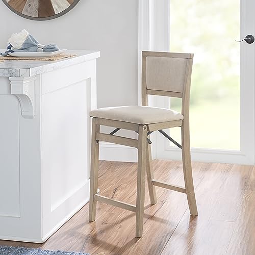 Linon Keira Natural Rustic Wooden Folding Counter Stool with Beige Upholstered Seat and Back