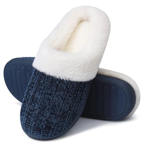 shoeslocker Women's Memory Foam Fuzzy Slippers Knit house shoe for Women Comfy Wool-Like Lined Slippers Indoor Outdoor