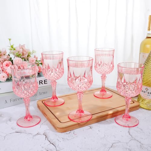 Dualshine 12 Pcs Pink Wine Glasses, Plastic Disposable Goblets Champagne Cups Drinking Glasses for Parties, Daily Home Us...