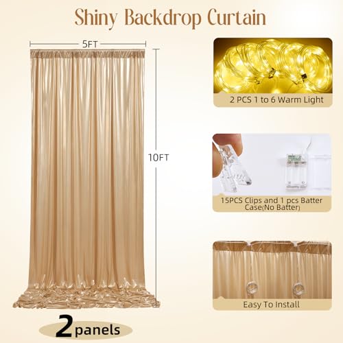 Hanging Bulbs 10x10FT Champagne Sequin Backdrop Curtain with String Lights – 2 Panels of 5x10FT Wrinkle-Free Shimmer Drape...