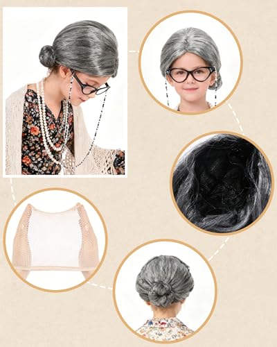 WooHand 100 Days of School Costume for Girls Old Lady Costume for Kids 100th Day of School Dress Up Grandma Outfit for Kids