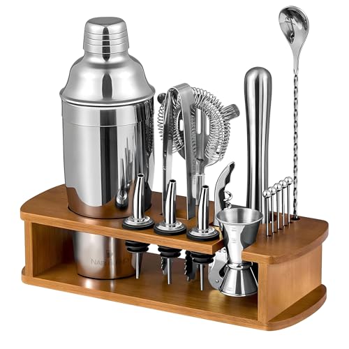 16 Piece Bartender Kit with Bamboo Stand | Cocktail Shaker Set Essential Bar Tools Wine Shaker Ice Filter Mixing Spoon Jig...